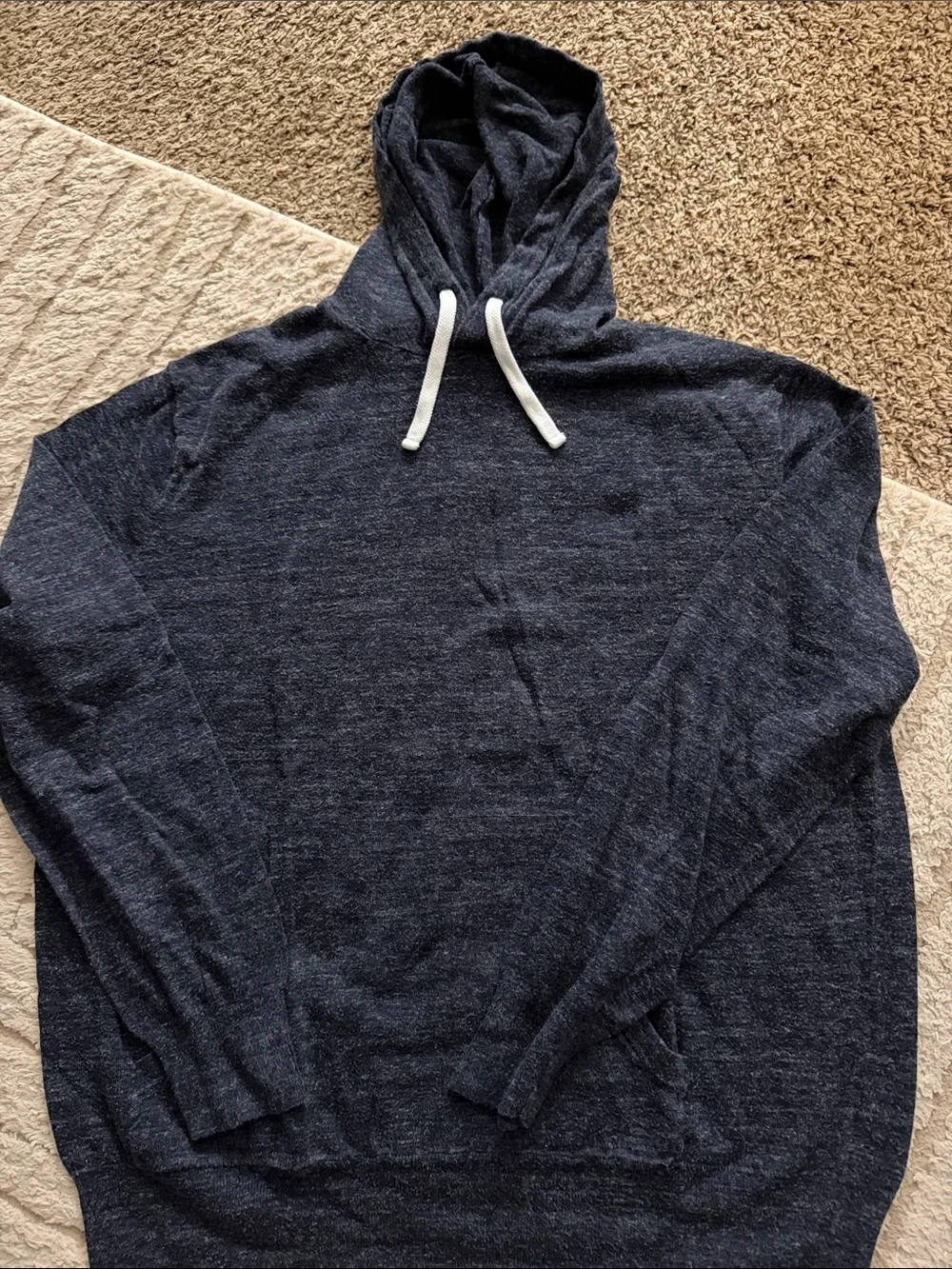 J. Crew Men's Dark Navy Hooded Pullover with White Drawstrings